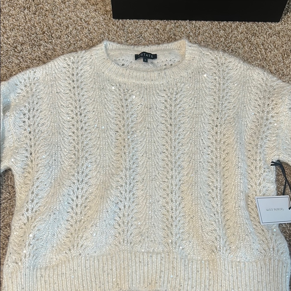 1STATE Cream Cable Knit Crew Neck Sweater
